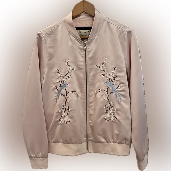 Pale Pink Embroidered Bomber Jacket Birds Flowers - Picture 1 of 8